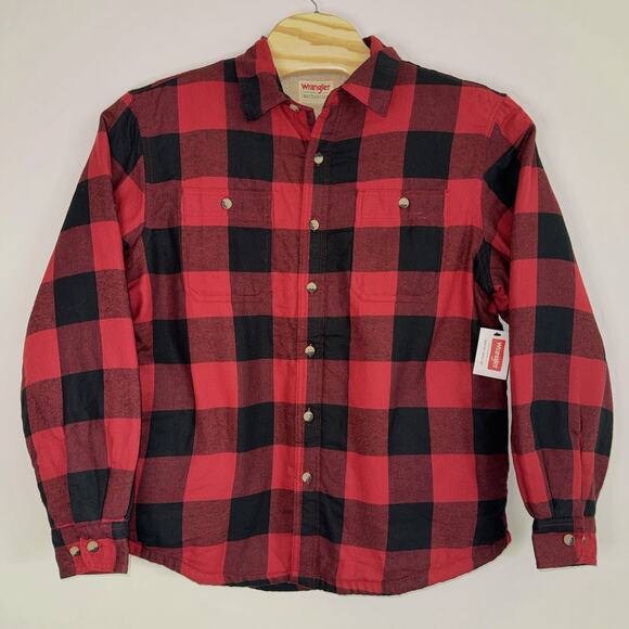 Wrangler Mens Buffalo Plaid Sherpa Lined Shirt Jacket Pockets Red Black Size L - Picture 1 of 8